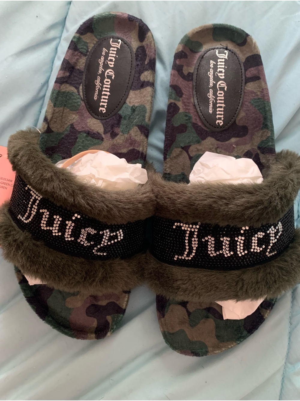 Juicy Couture Green Camo Fur Slide with Rhinestone Accents